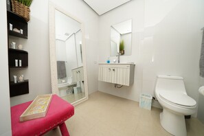 Hair dryer, towels, soap, toilet paper