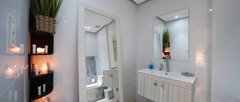 Séchoir à cheveux, serviettes fournies, savon, papier de toilette