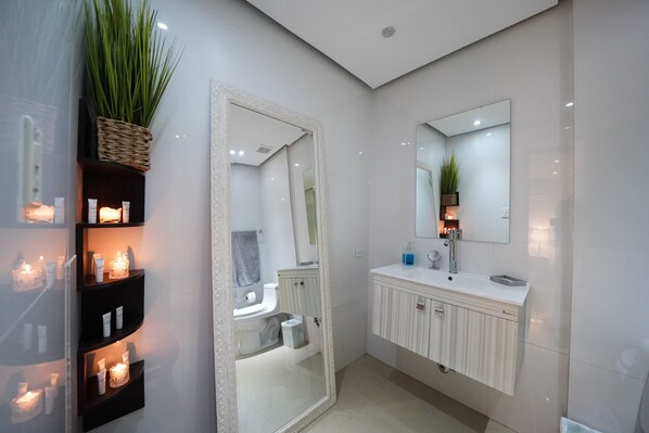 Hair dryer, towels, soap, toilet paper