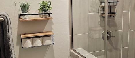 Hair dryer, towels, soap, toilet paper