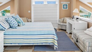 Une chambre avec un plafond en pente, un lit avec une literie à rayures, un bureau avec une lampe et une vue sur l’extérieur par une fenêtre.