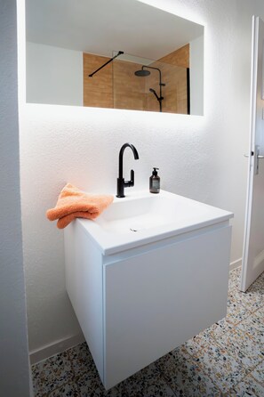 Douche, séchoir à cheveux, serviettes fournies, savon