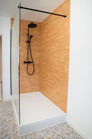 Douche, séchoir à cheveux, serviettes fournies, savon
