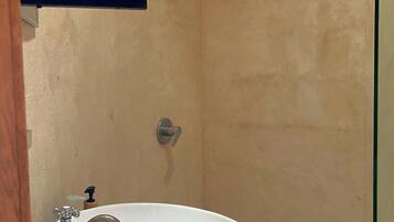 Shower, towels, soap, toilet paper