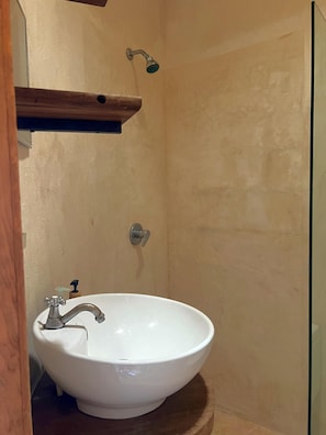 Regadera, toallas, jabón, papel de baño