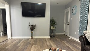 A living room with a flat-screen TV, a potted plant, and a bowl of decorative balls on a marble table.