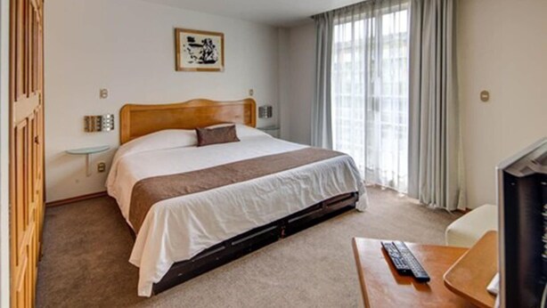 A hotel room with a bed, a bedside table, a television, and a window with curtains.