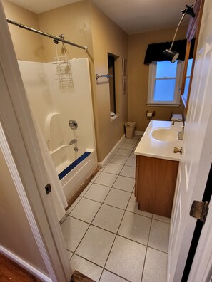 Hair dryer, towels, soap, toilet paper