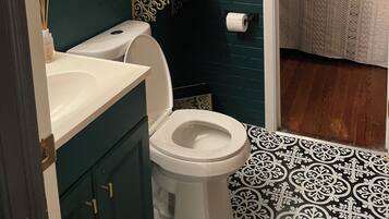 Hair dryer, towels, soap, toilet paper