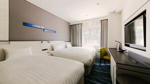 A hotel room with two beds, a desk, a chair, a TV, and a window with curtains. - Jr East Hotel Mets Musashisakai (Musashino)