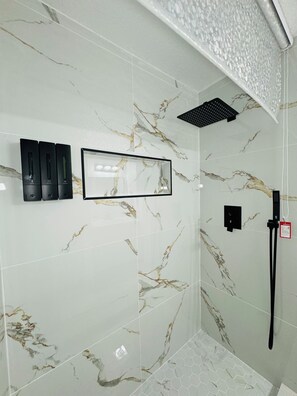 Hair dryer, towels, soap, shampoo