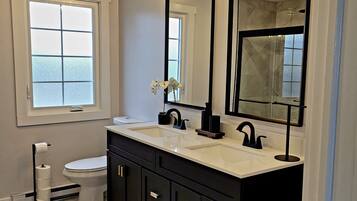 Hair dryer, towels, soap, toilet paper