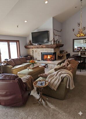 Smart TV, fireplace, books