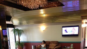 A lobby with brown leather sofas, a glass coffee table, a potted plant, and a television on the wall. - Miami Princess Hotel (Miami)