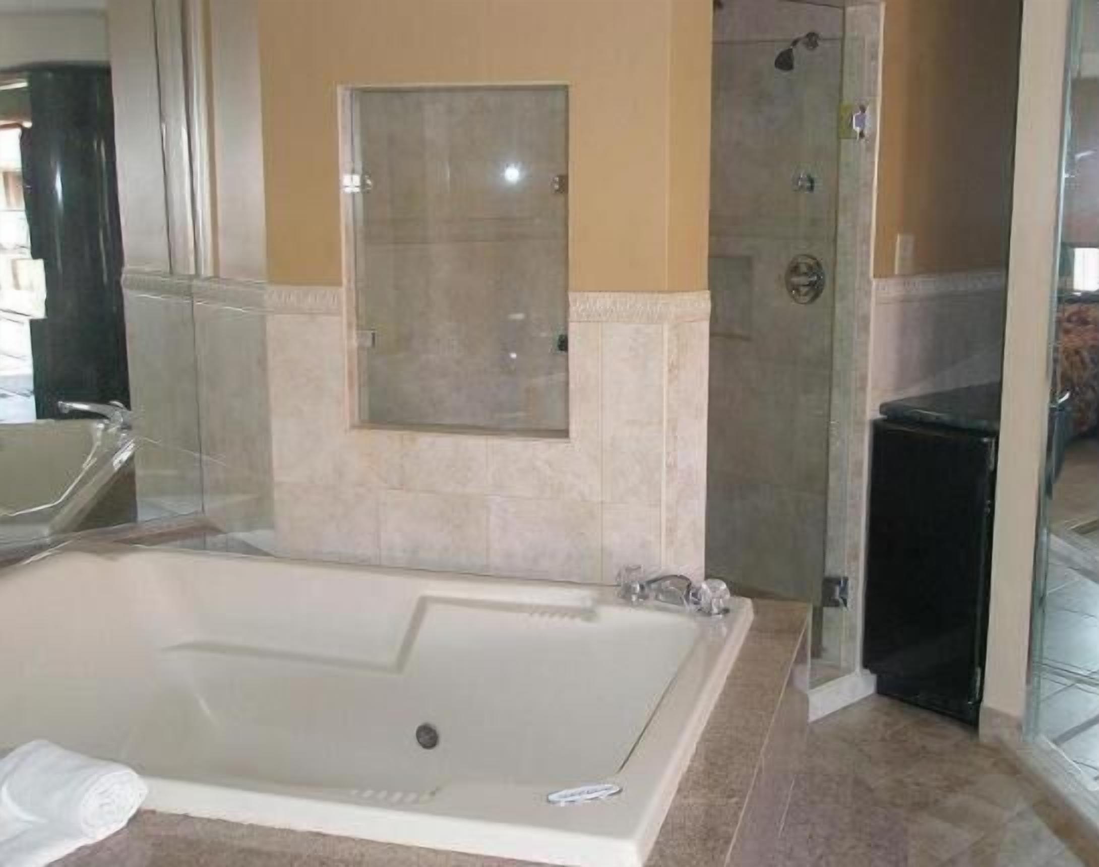 A bathroom with a large bathtub, a glass shower enclosure, and a mirror above the bathtub.