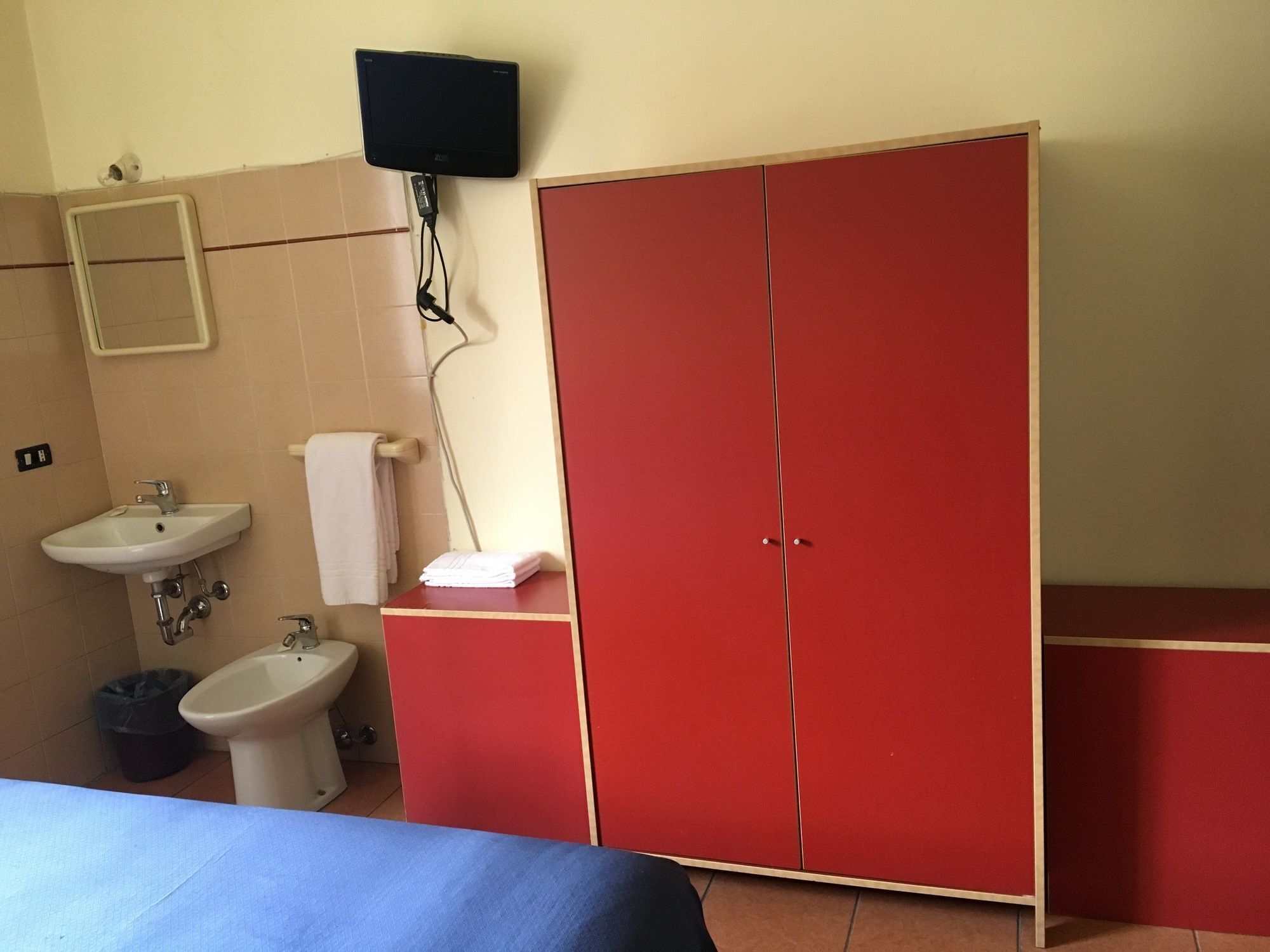 A room with a bed, a sink, a bidet, a television mounted on the wall, and a red wardrobe.