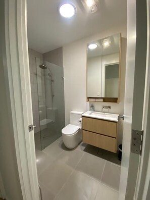 Dusche, Haartrockner, Handtücher, Seife