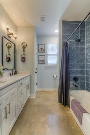 Hair dryer, bidet, towels, soap