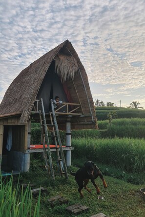 A thatched-roof hut with a ladder leading to a platform, surrounded by lush green fields. - Swaha Retreat & Eco Park Ubud (Sebatu)