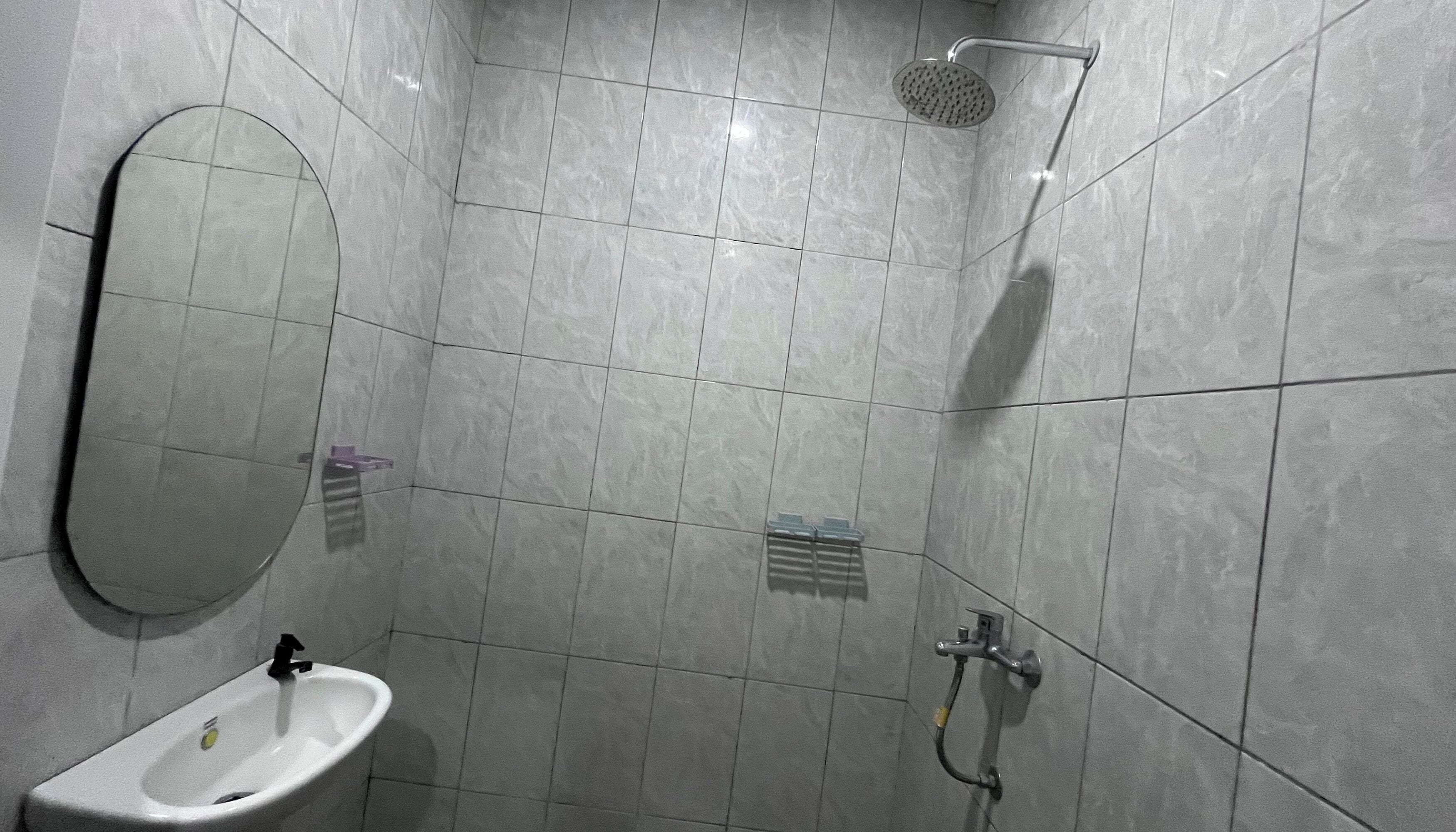 Un baño con espejo, lavabo, ducha y paredes con azulejos.