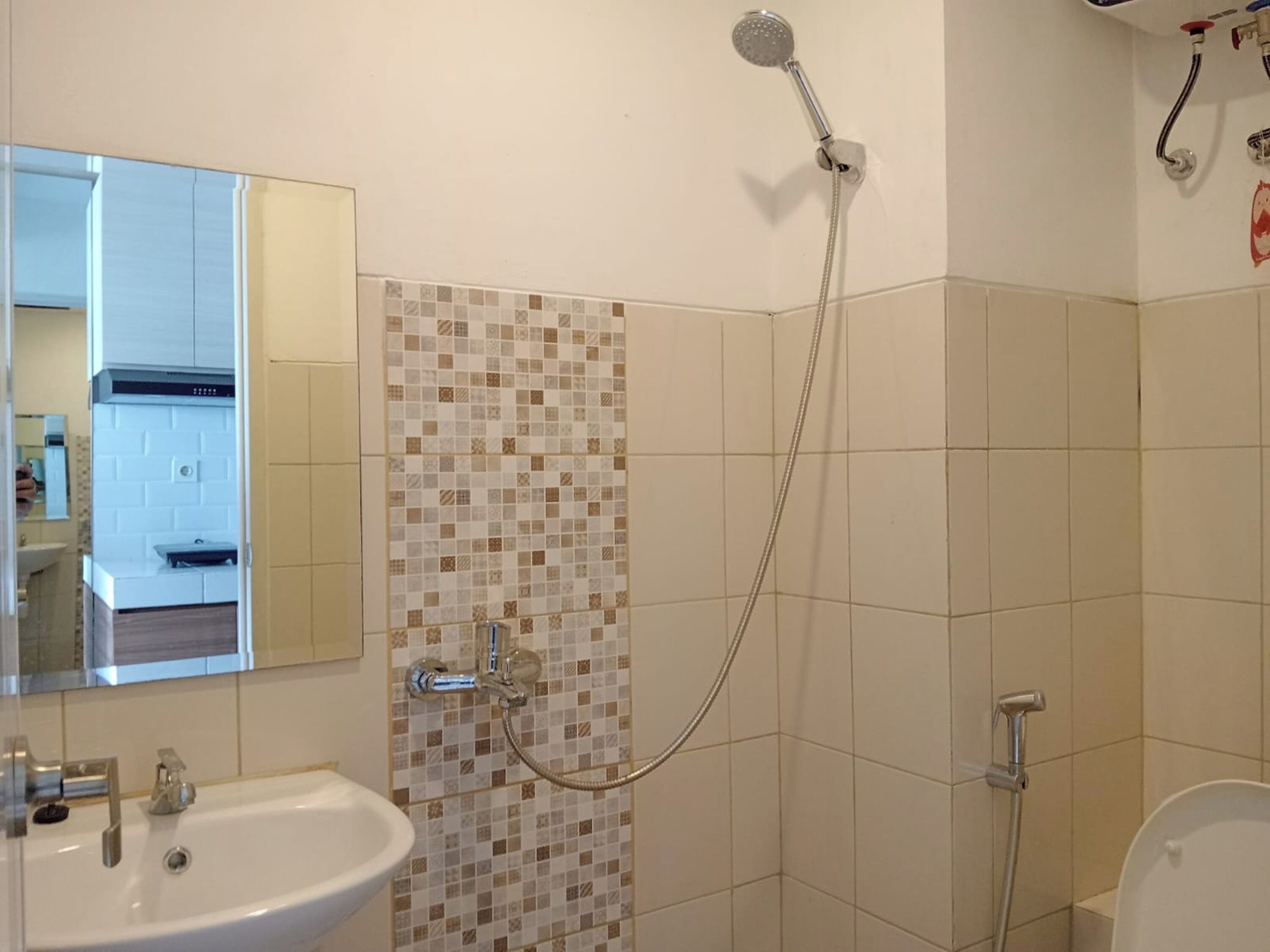 Un baño con lavamanos, ducha con cabezal de ducha manual y retrete.