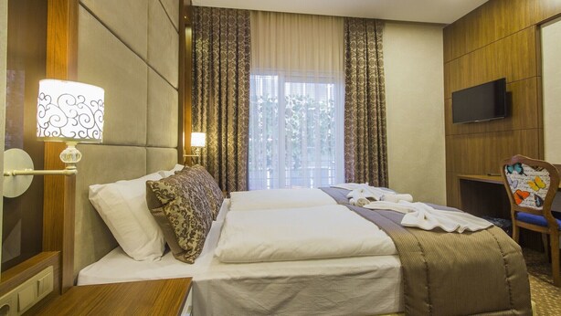 Une chambre d’hôtel avec un lit, une télévision et une fenêtre avec des rideaux.