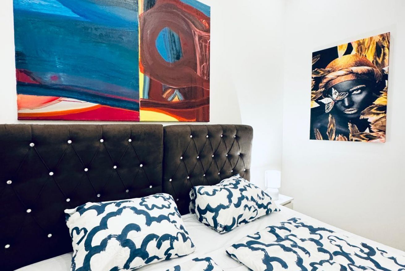 1 bedroom, desk, iron/ironing board, bed sheets
