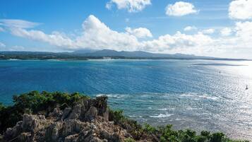 A coastal landscape with clear blue waters, rocky terrain, and distant mountains.