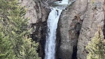 A waterfall cascading down a rocky cliff surrounded by dense green trees.