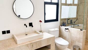 Shower, hair dryer, towels, toilet paper