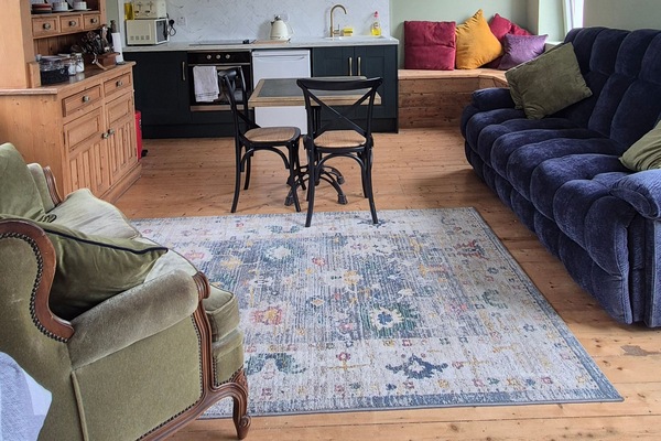 Bright living room, garden view.