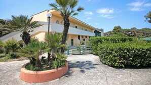 A building with a curved facade, a palm tree, and a hedge.