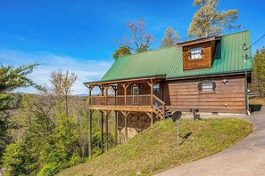 A wooden cabin with a green roof, a balcony, and a satellite dish.