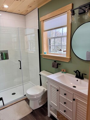 Shower, towels, soap, toilet paper