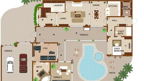 A hotel layout with a swimming pool, guest bedroom, dining area, kitchen, and a garage. - Enjoyable 1-bedroom bed & breakfast in Shanghai (Shang Hai Shi)