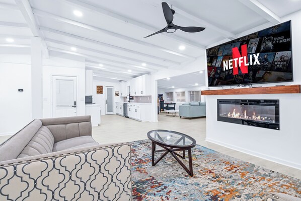 Smart TV, fireplace, video games, foosball