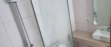 A modern bathroom with a glass shower enclosure, a toilet, and a sink with a mirror above it.