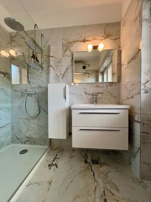 Features a sleek vanity, walk-in shower, and separate toilet.