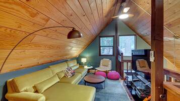 Télévision, cheminée, livres