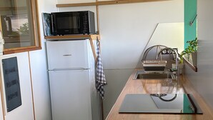 A compact kitchen with a refrigerator, microwave, and sink. - Charming T1 50 m from Anse Bonneville beach, beach and idleness guaranteed! (La Trinité)