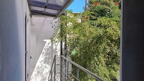 Un pasillo con techo de vidrio, barandilla metálica y vistas a áreas verdes y un edificio a lo lejos.