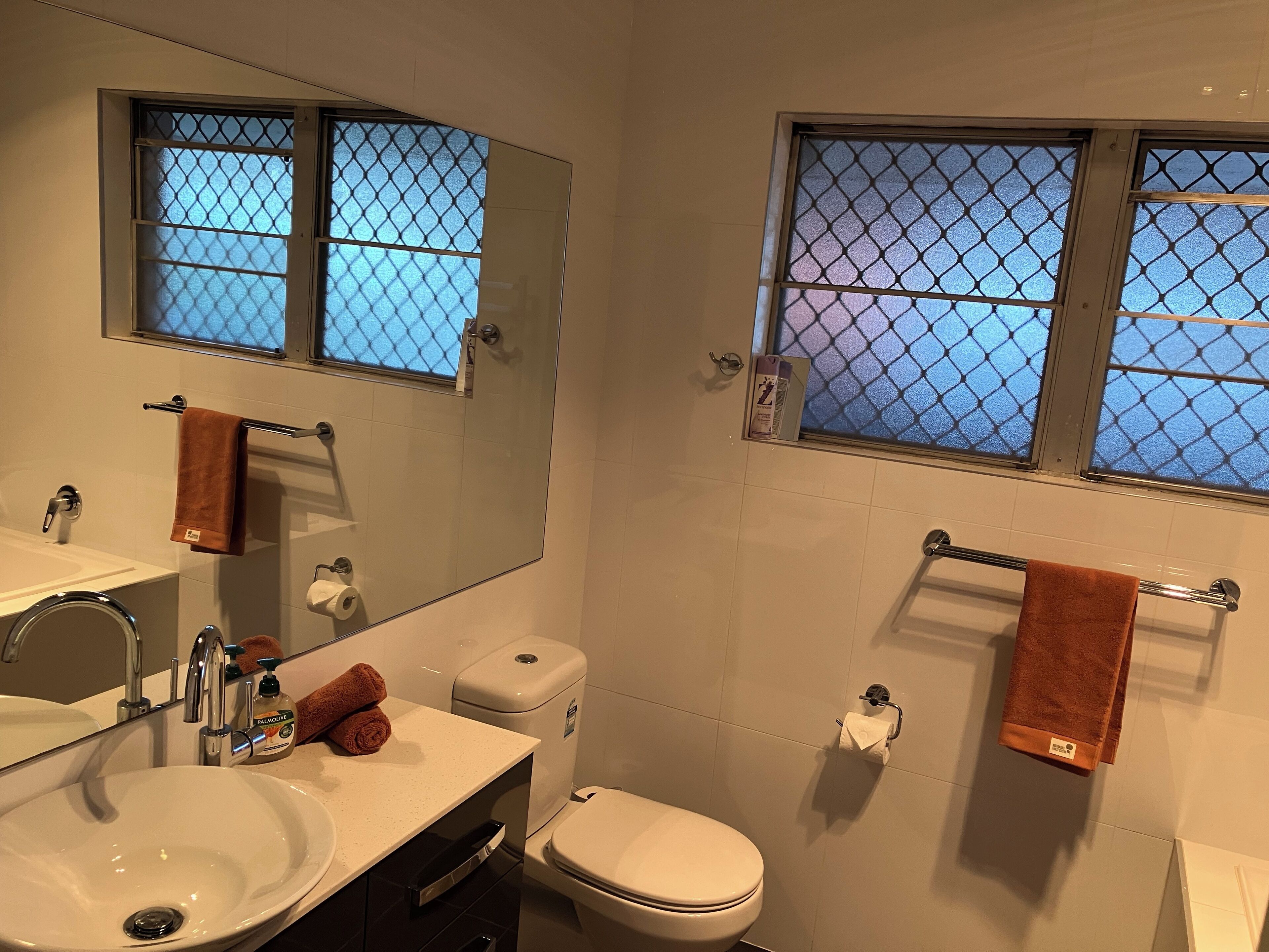 Une salle de bain équipée d’un lavabo, de toilettes et d’un porte-serviettes.