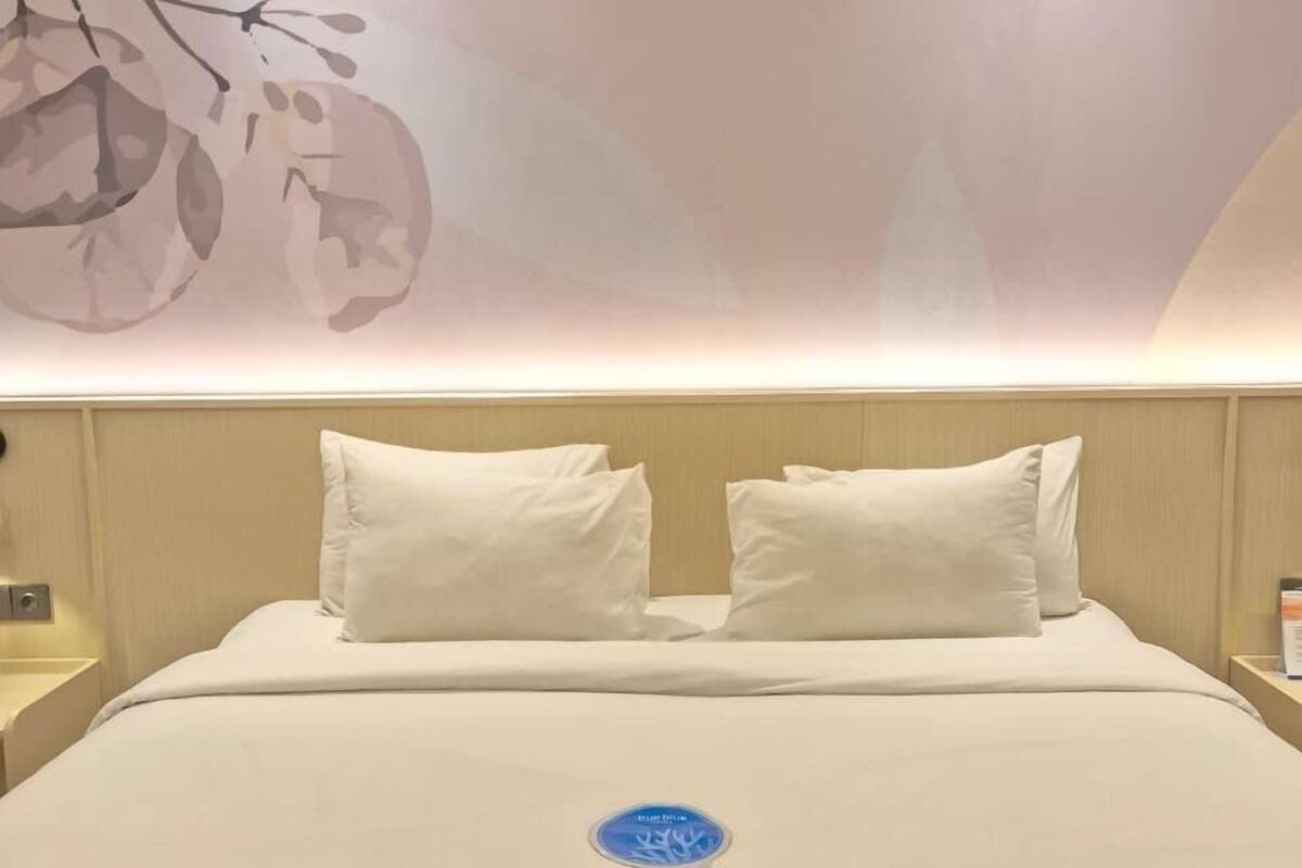 Habitación de hotel con una cama grande, dos almohadas y una pared con diseño floral.