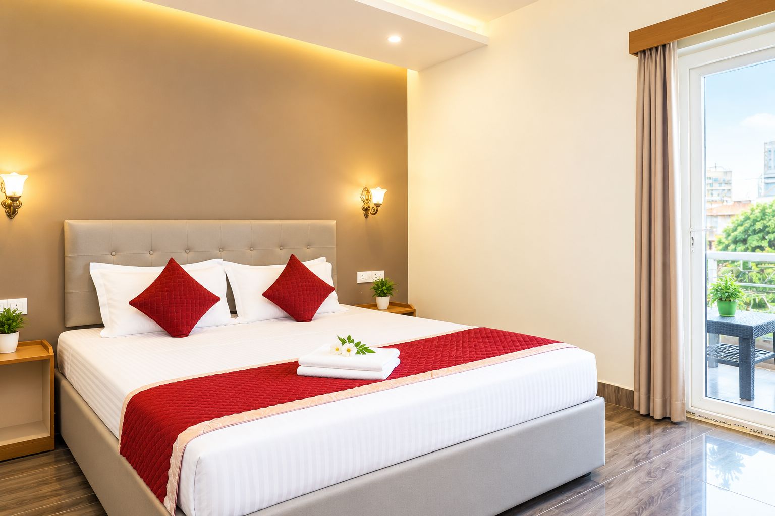 Habitación de hotel con una cama grande, dos mesitas de noche, un ventanal con vistas y un balcón.