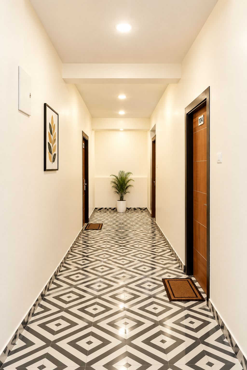 Un pasillo con piso estampado, una planta en maceta y puertas numeradas.
