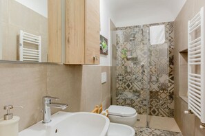 Shower, hair dryer, bidet, towels