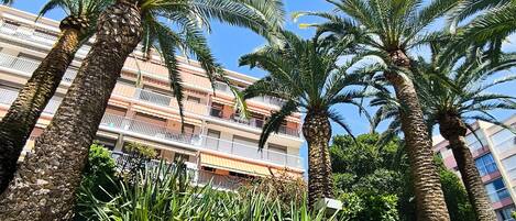 A building with balconies and palm trees in front.