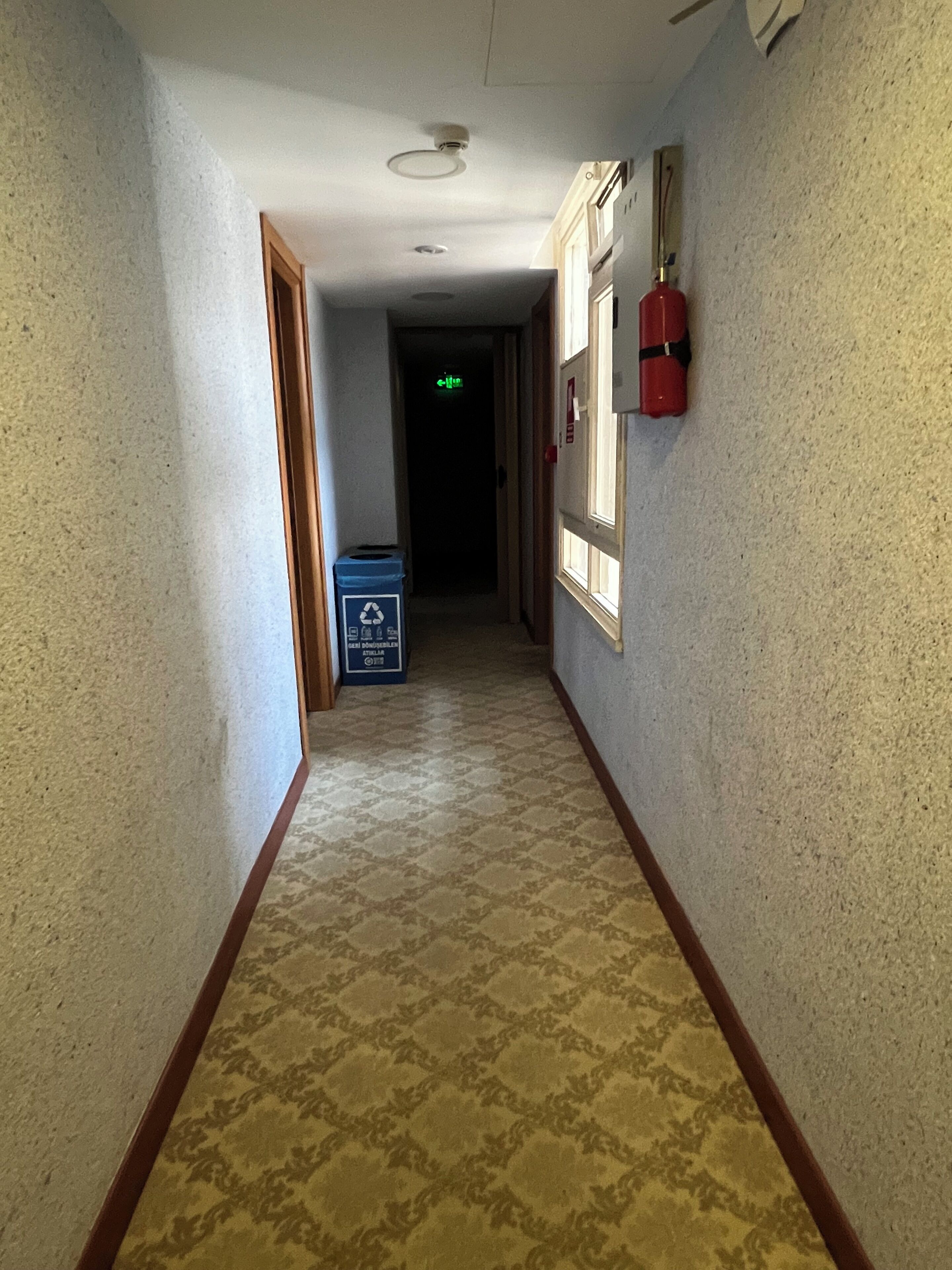 A hallway with patterned carpet, a blue recycling bin, and a fire extinguisher on the wall.