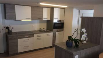 Eine moderne Küche mit grauen Schränken, einem eingebauten Backofen und einem Spülbecken.