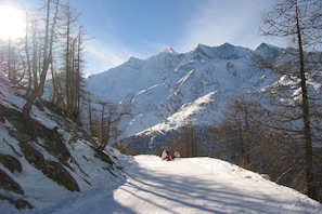 Una carretera de montaña cubierta de nieve con dos personas sentadas en un trineo.